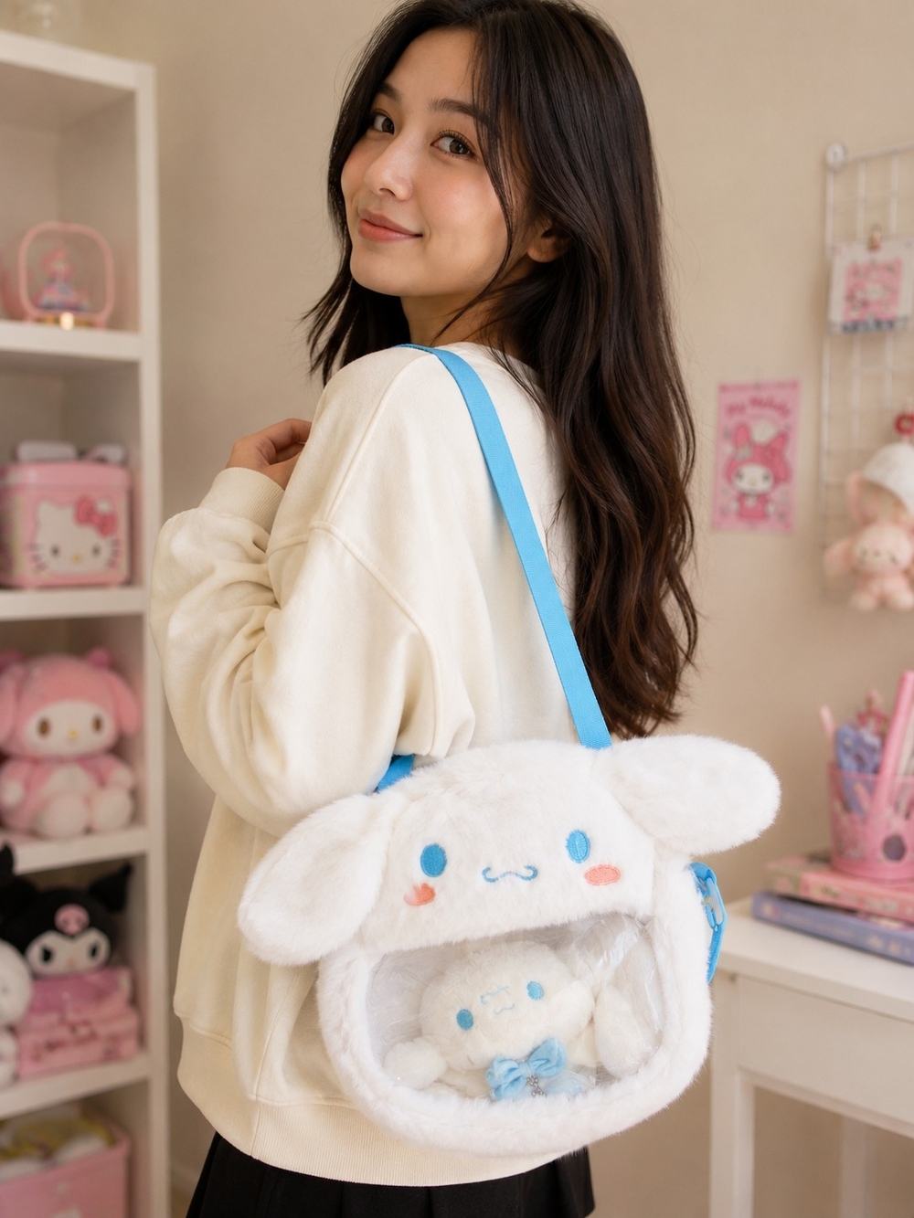 Sanrio Cinnamoroll Plush Tote Bag in White and Blue